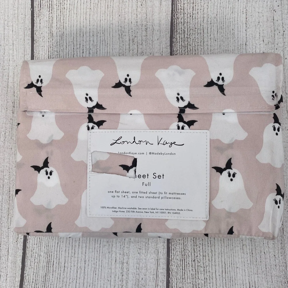 London Kaye Sheet Set Full Ghost Pink Halloween Spooky Bat Bow 4pc Microfiber